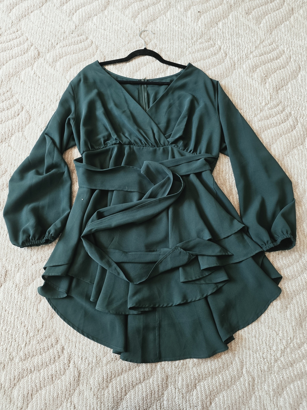 Emerald Green V-Neck Tiered Tie Front Dress
